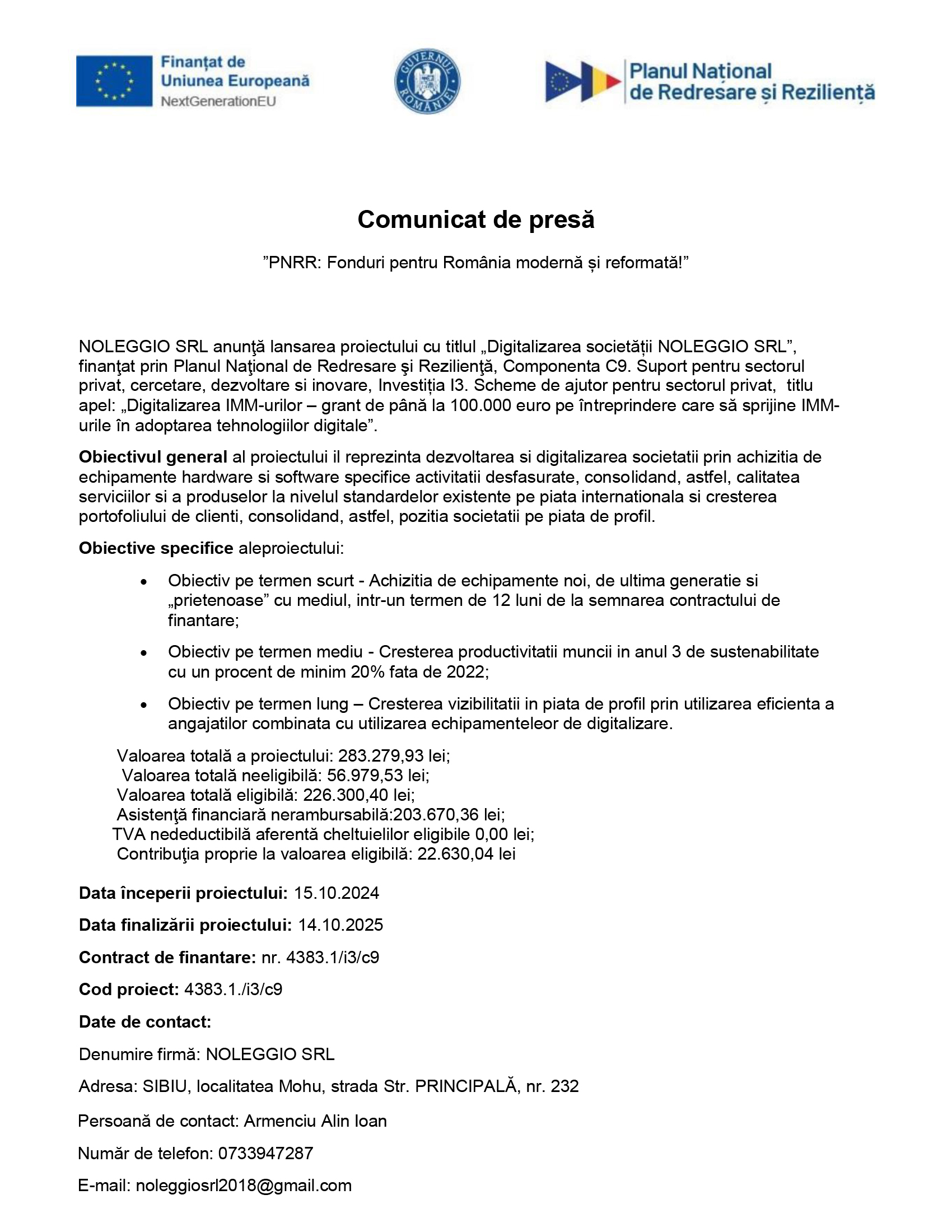 Comunicat de presă. „PNRR: Fonduri pentru România Modernă și reformată”