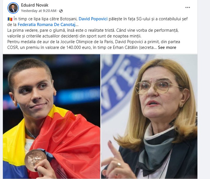 Dispută în mediul online între Eduard Novak şi Elisabeta Lipă, pe tema recompenselor pentru JO 2024. David Popovici ar fi primit mai puţini bani decât anumiţi angajaţi ai Federaţiei Române de Canotaj