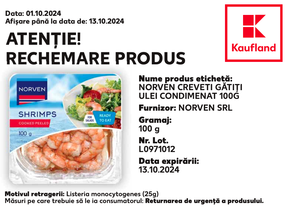 ANSVSA a dispus retragerea și rechemarea pungilor cu creveți gătiți Norven, vânduți prin Kaufland. Conțin o bacterie care provoacă listerioza