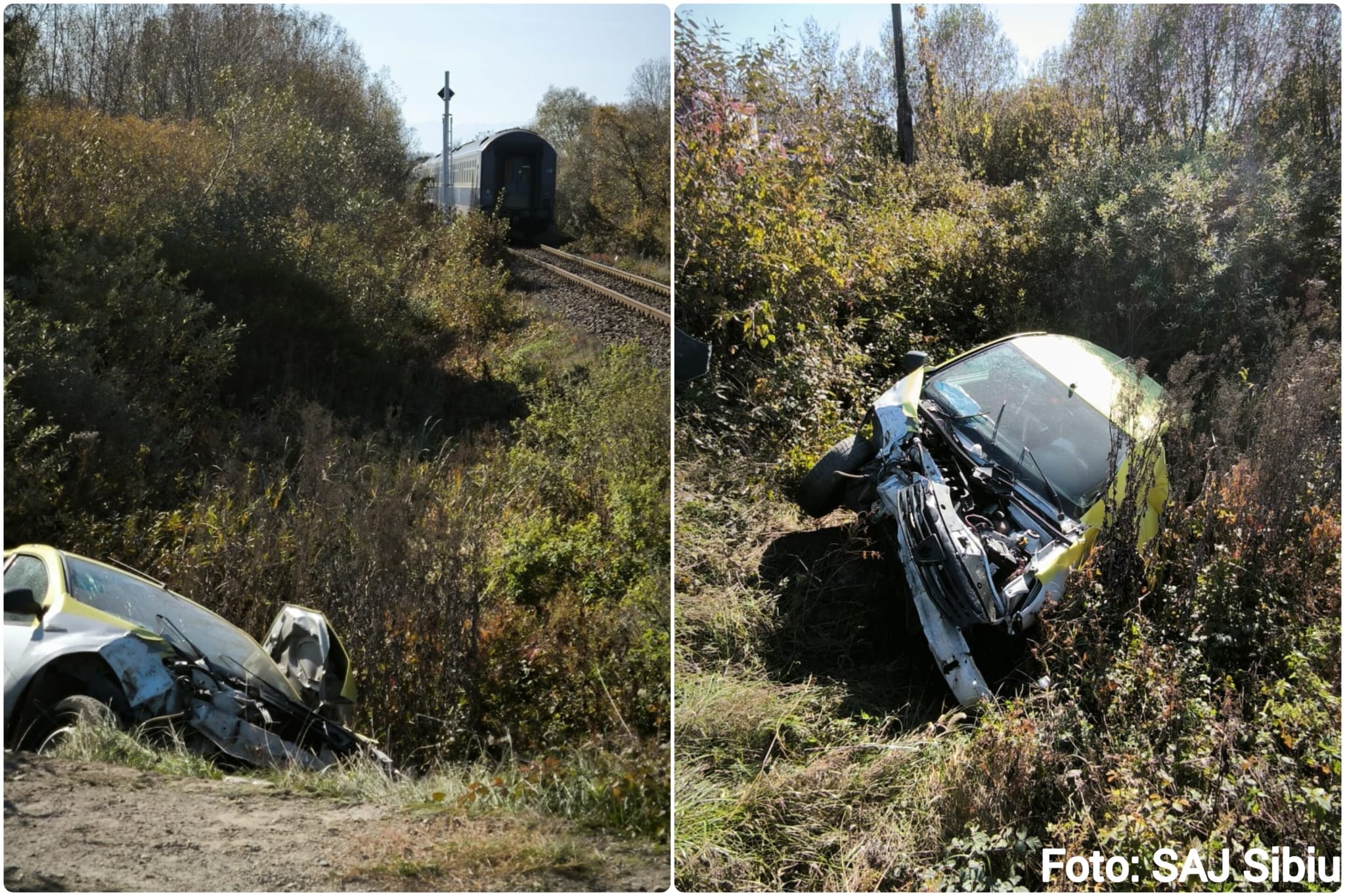 O mașină a fost lovită de tren lângă Colun: șoferul, un sibian de 67 de ani, a trecut pe roșu. Acesta a fost transportat la spital