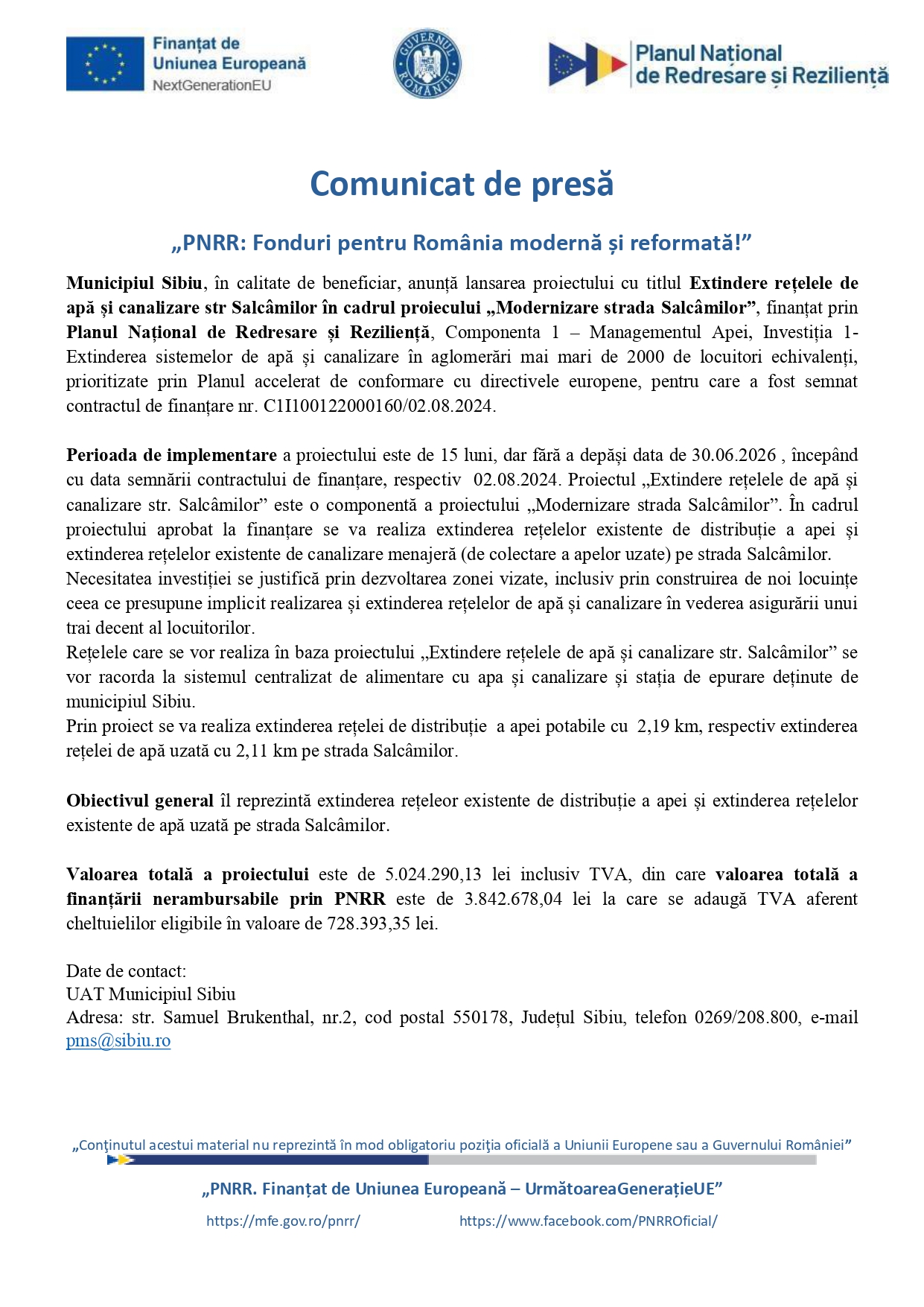 Comunicat de presă „PNRR: Fonduri pentru România modernă și reformată!”