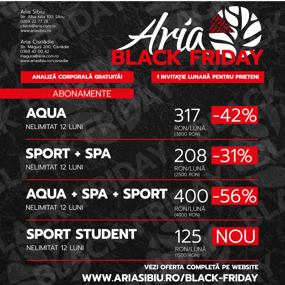 Nu rata Black Friday la Aria Sibiu și Aria Cisnădie – Prețuri explozive începând de la 150!