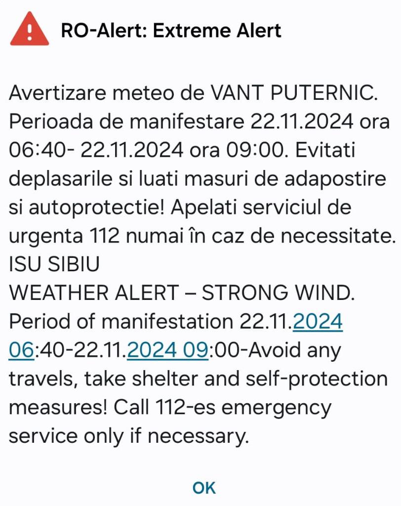 Cod roșu și cod portocaliu de vânt în județul Sibiu. O parte a populației a primit mesaj Ro-Alert