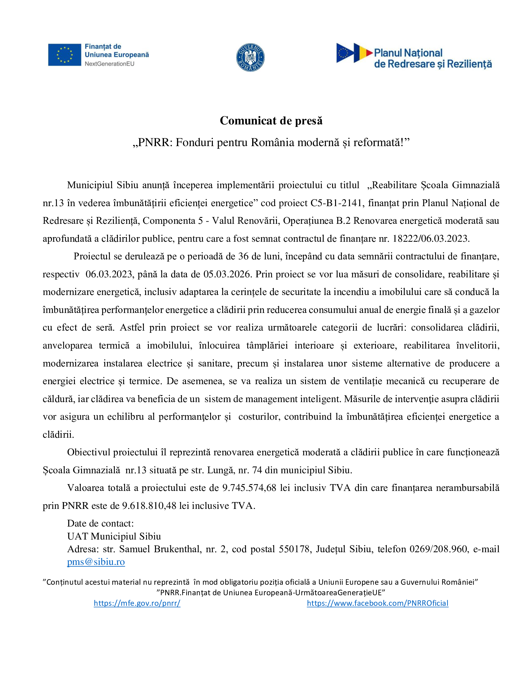 Comunicat de presă „PNRR: Fonduri pentru România modernă și reformată!”