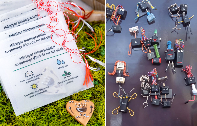 1 Martie la Sibiu: mărțișoare biodegradabile din lut, cu semințe de flori și mărțișoare confecționate din tastaturi de calculator, expuse pe Nicolae Bălcescu. „Pot fi utilizate atât ca broșă, cât și ca magnet”
