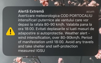 Mesaj RO-Alert în Sibiu și alte localități învecinate: Vânt puternic până la ora 18:00