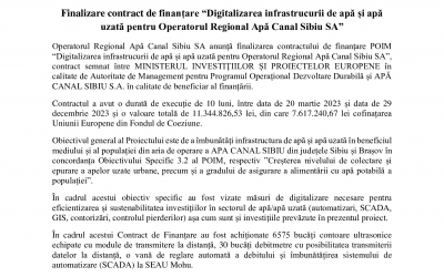 Finalizare contract de finanțare “Digitalizarea infrastrucurii de apă și apă uzată pentru Operatorul Regional Apă Canal Sibiu SA”