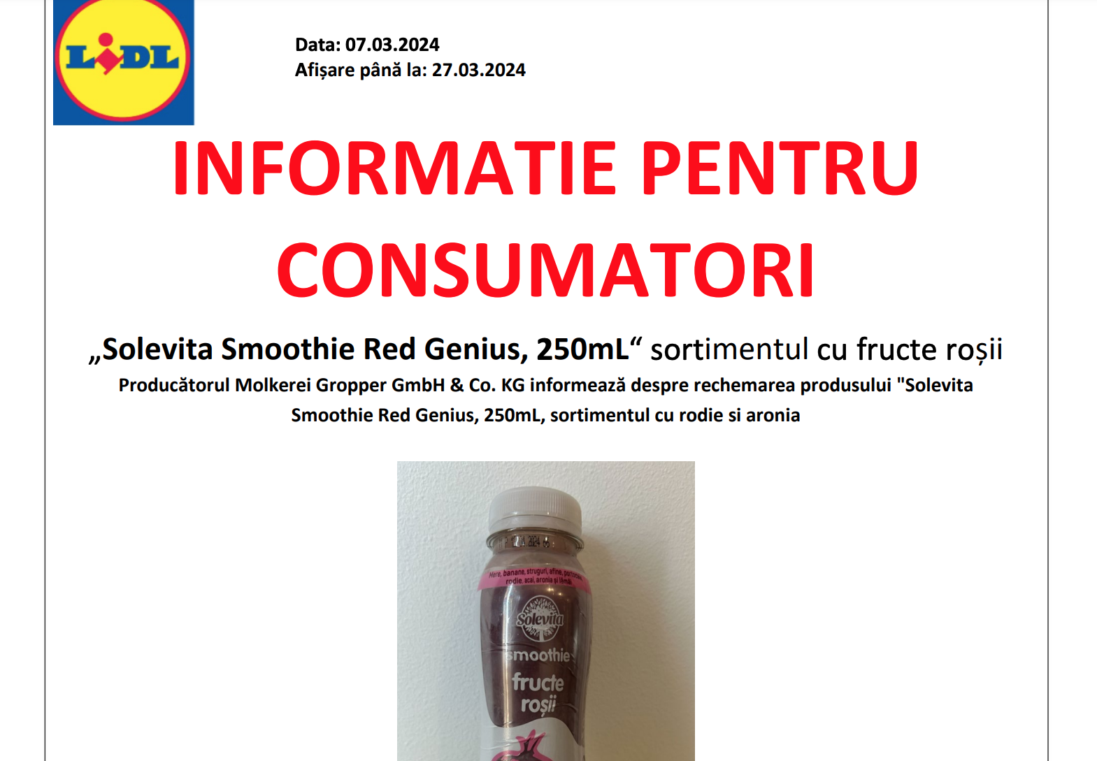 Un smoothie a fost retras din magazinele Lidl: conține o microtoxină produsă de mucegaiuri