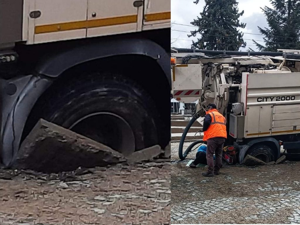 O autospecială de la Apă-Canal Sibiu a căzut în canal, în apropierea primăriei din Făgăraș. „Capacul era prost executat”