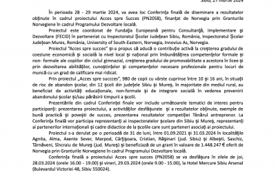 Conferință finală de diseminare a rezultatelor obținute în cadrul proiectului Acces spre Succes