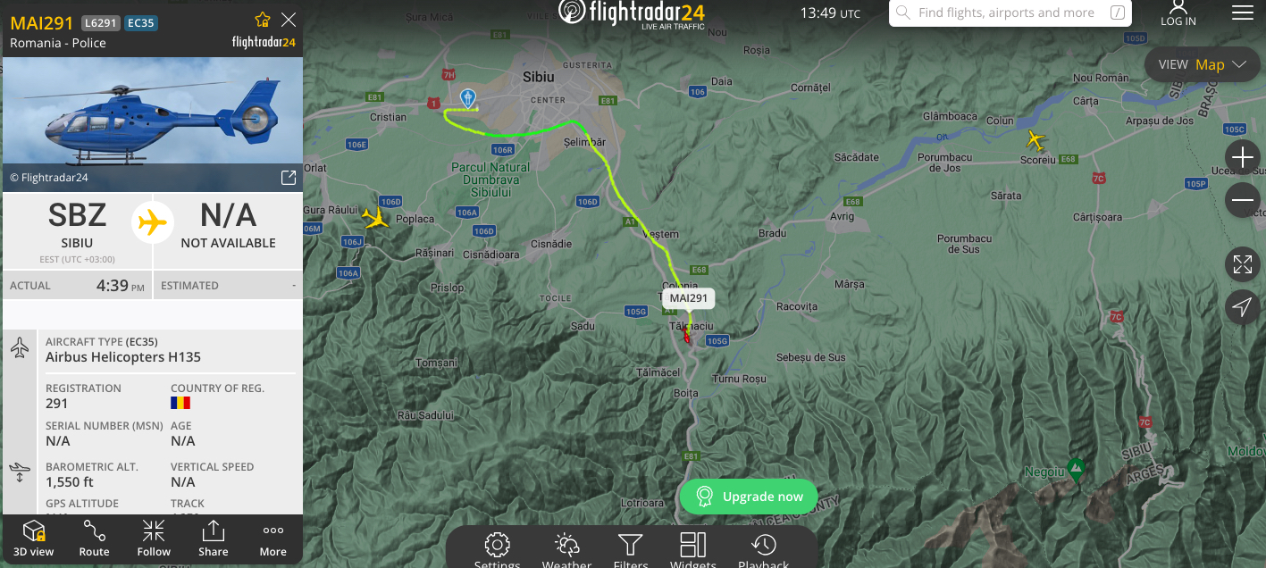 Un elicopter al MAI monitorizează traficul în jud. Sibiu sâmbătă după-masă