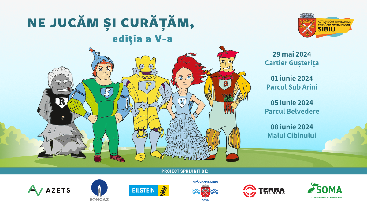 ”Ne jucăm și curățăm”, proiect educativ dedicat curățeniei în Sibiu, debutează în 29 mai: Super-eroii colectării separate merg în cartierele Sibiului