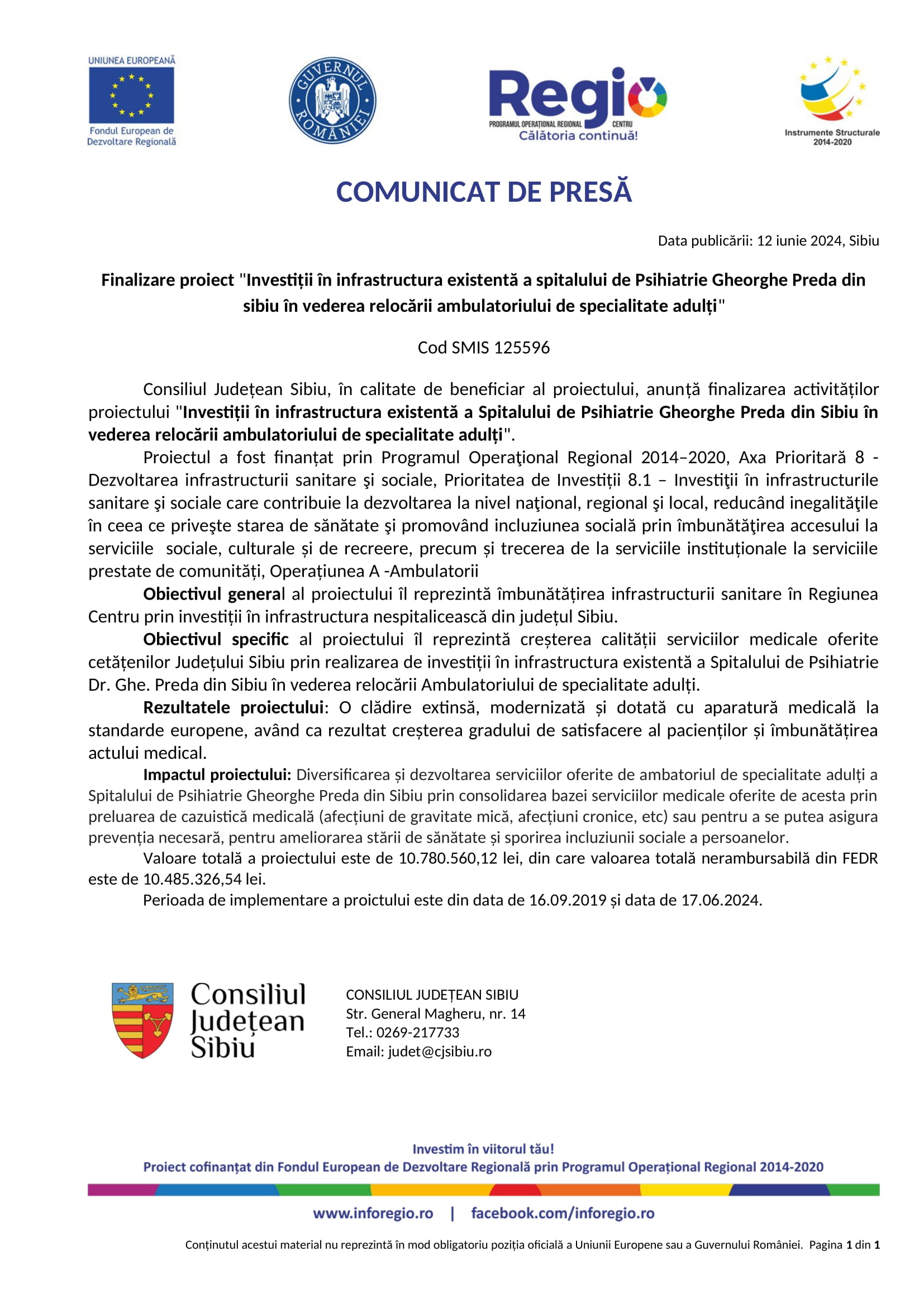 Finalizare proiect „Investiții în infrastructura existentă a spitalului de Psihiatrie Gheorghe Preda din sibiu în vederea relocării ambulatoriului de specialitate adulți”