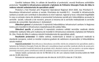 Finalizare proiect „Investiții în infrastructura existentă a spitalului de Psihiatrie Gheorghe Preda din sibiu în vederea relocării ambulatoriului de specialitate adulți”