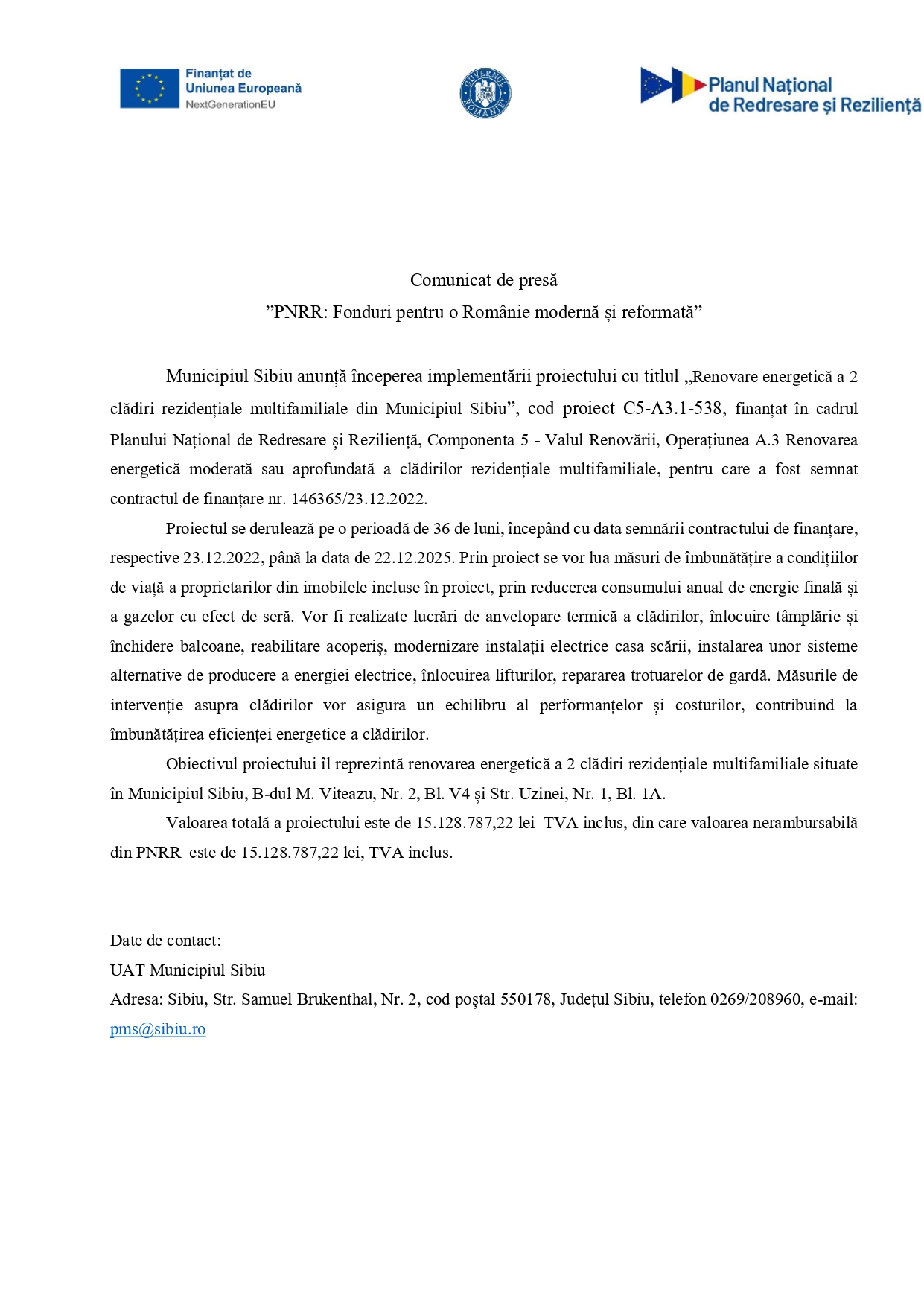 Comunicat de presă „PNRR: Fonduri pentru o Românie modernă și reformată”