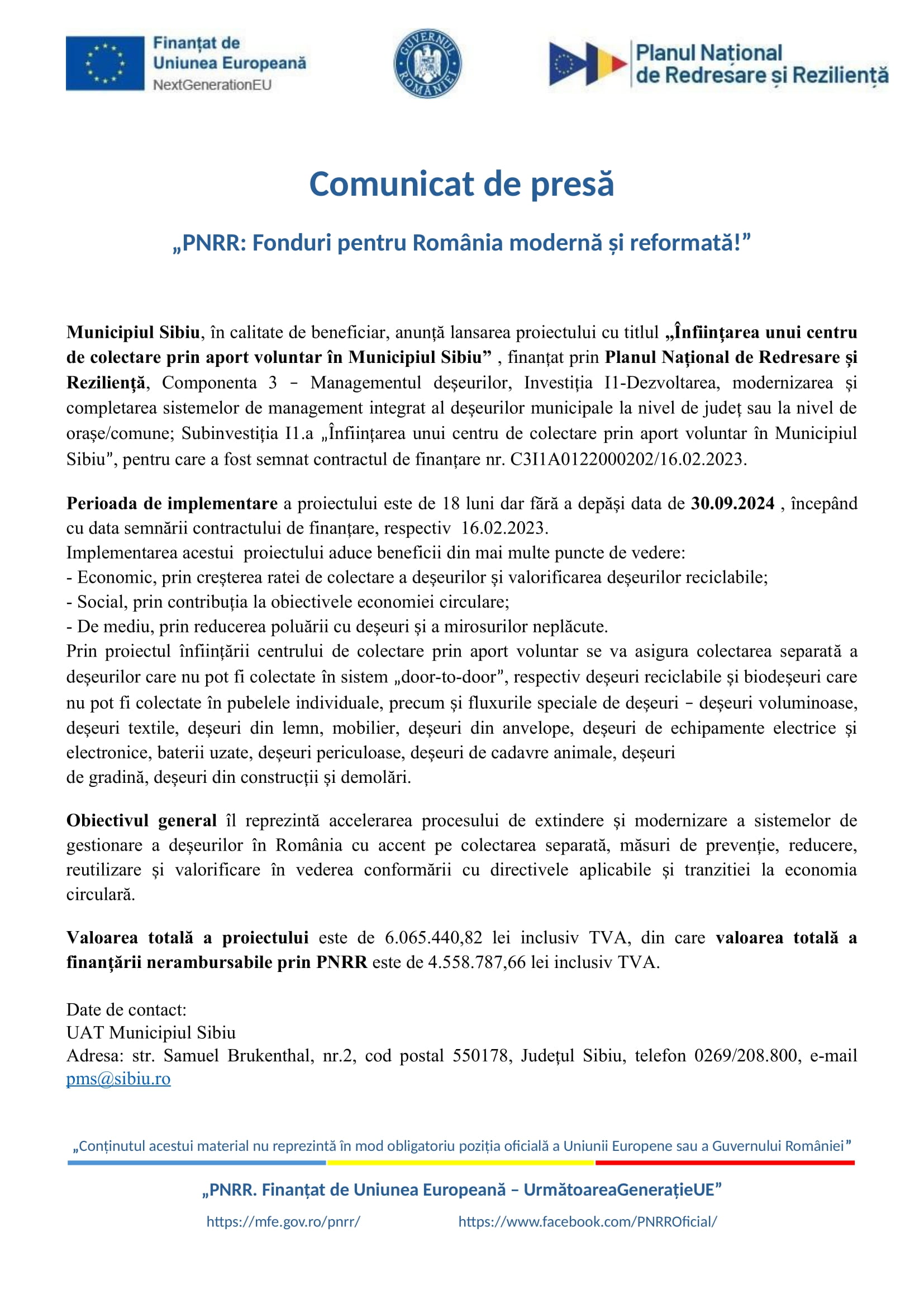 Comunicat de presă „PNRR: Fonduri pentru România modernă și reformată!”
