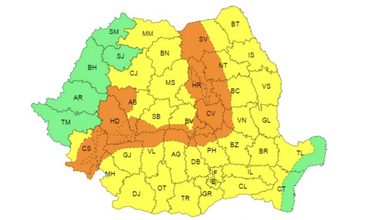 Cod portocaliu în sudul județului: ploi care vor aduce cantități importante de apă. Cod galben de instabilitate atmosferică în restul județului