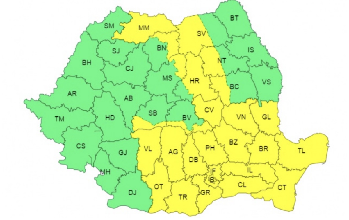 Cod galben de averse torențiale în sudul județului: descărcări electrice, intensificări ale vântului și pe alocuri vijelii