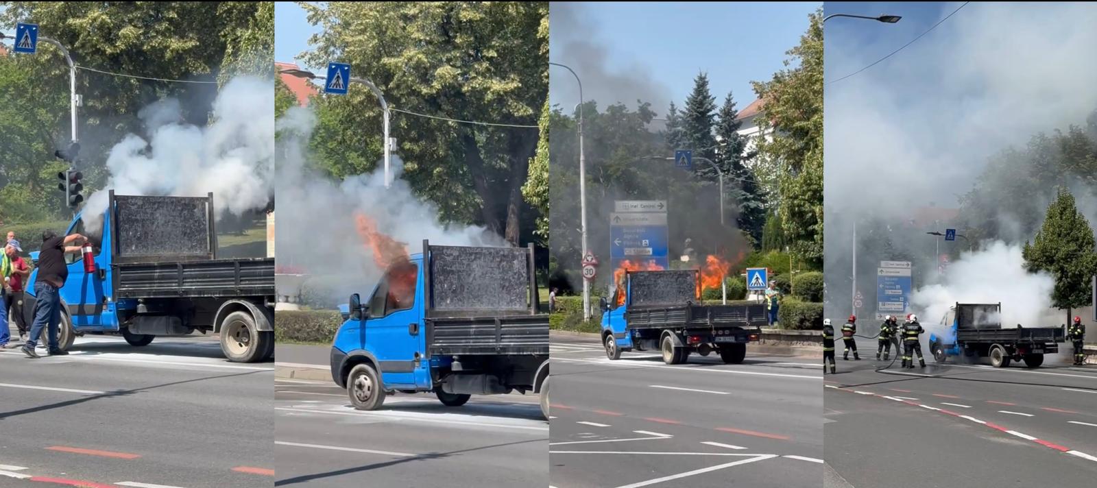 VIDEO Actualizare. O autoutilitară a luat foc pe Coposu. Cauza incendiului a fost un scurtcircuit la motor