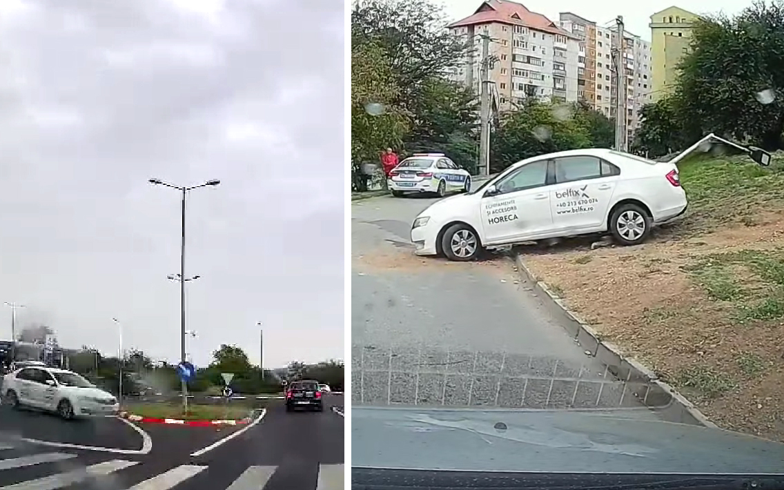 Video. O mașină fără șofer a traversat sensul giratoriu de pe Semaforului și s-a oprit într-un stâlp. Șoferul a uitat să o asigure