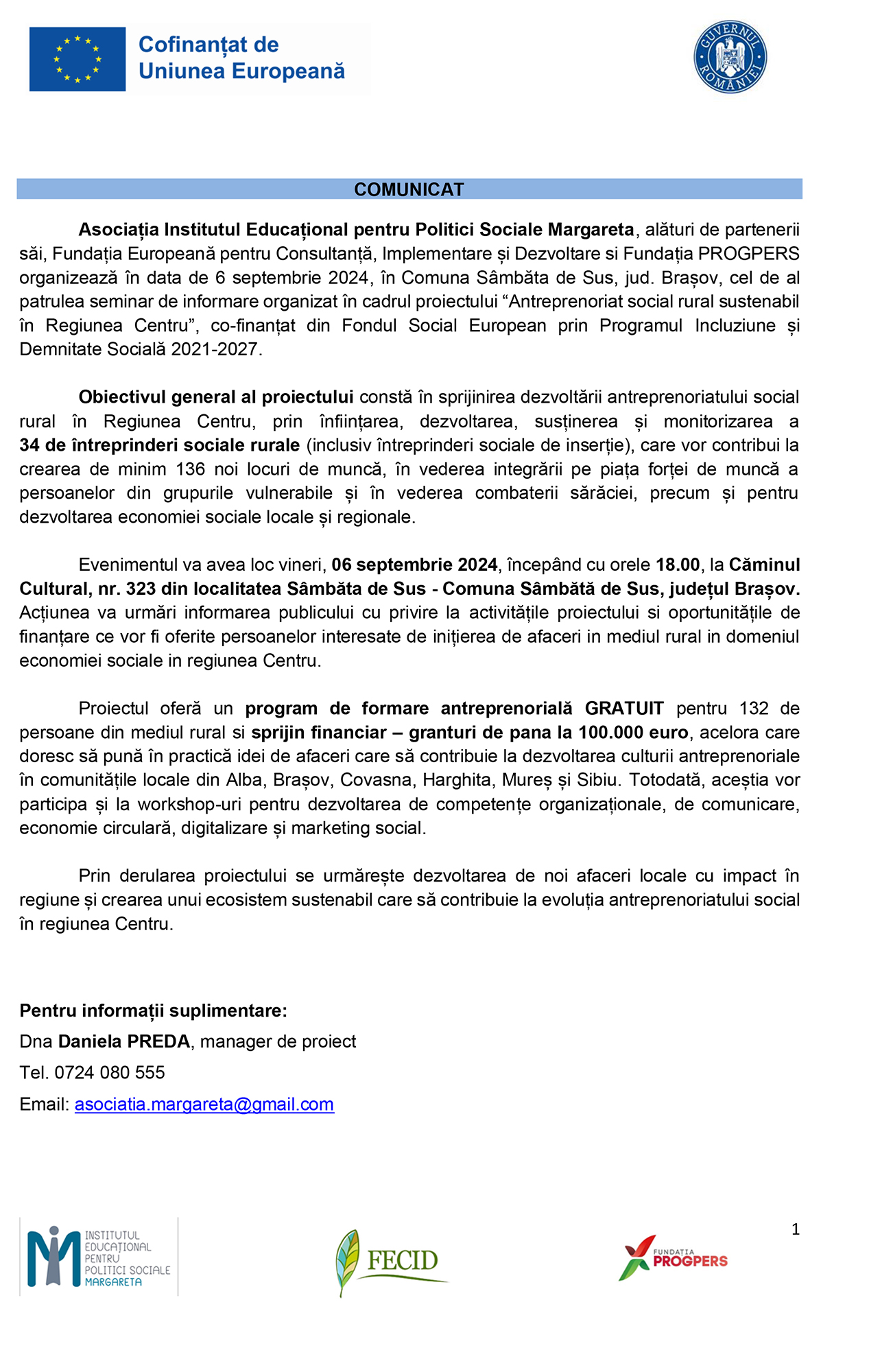 COMUNICAT  Proiectul “Antreprenoriat social rural sustenabil în Regiunea Centru”