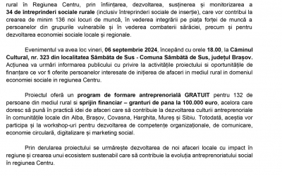 COMUNICAT  Proiectul “Antreprenoriat social rural sustenabil în Regiunea Centru”