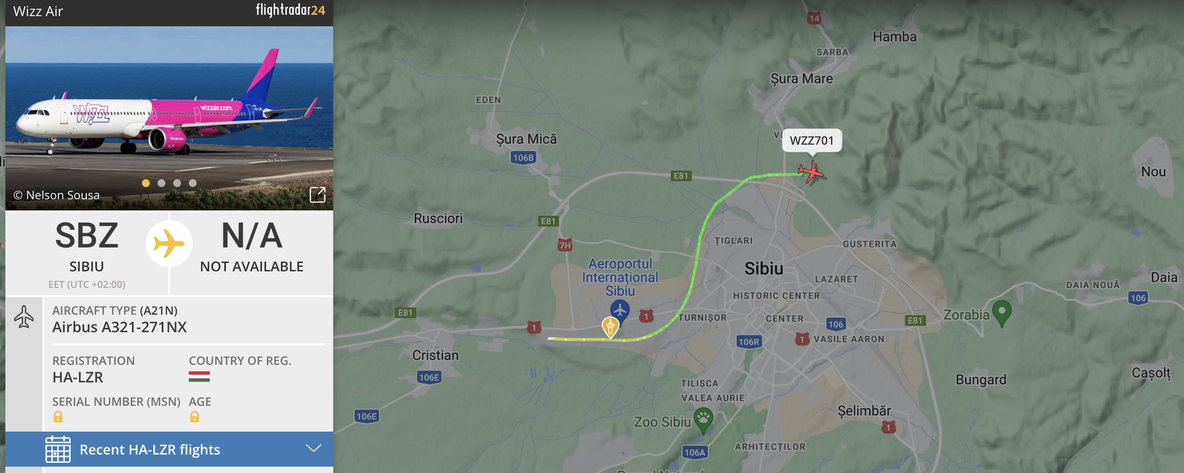 Zboruri școală Wizz Air deasupra Sibiului. O aeronavă execută astăzi operațiuni ”touch and go”