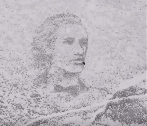Un artist din Valea Jiului a realizat, pe zăpadă, un portret al lui Mihai Eminescu