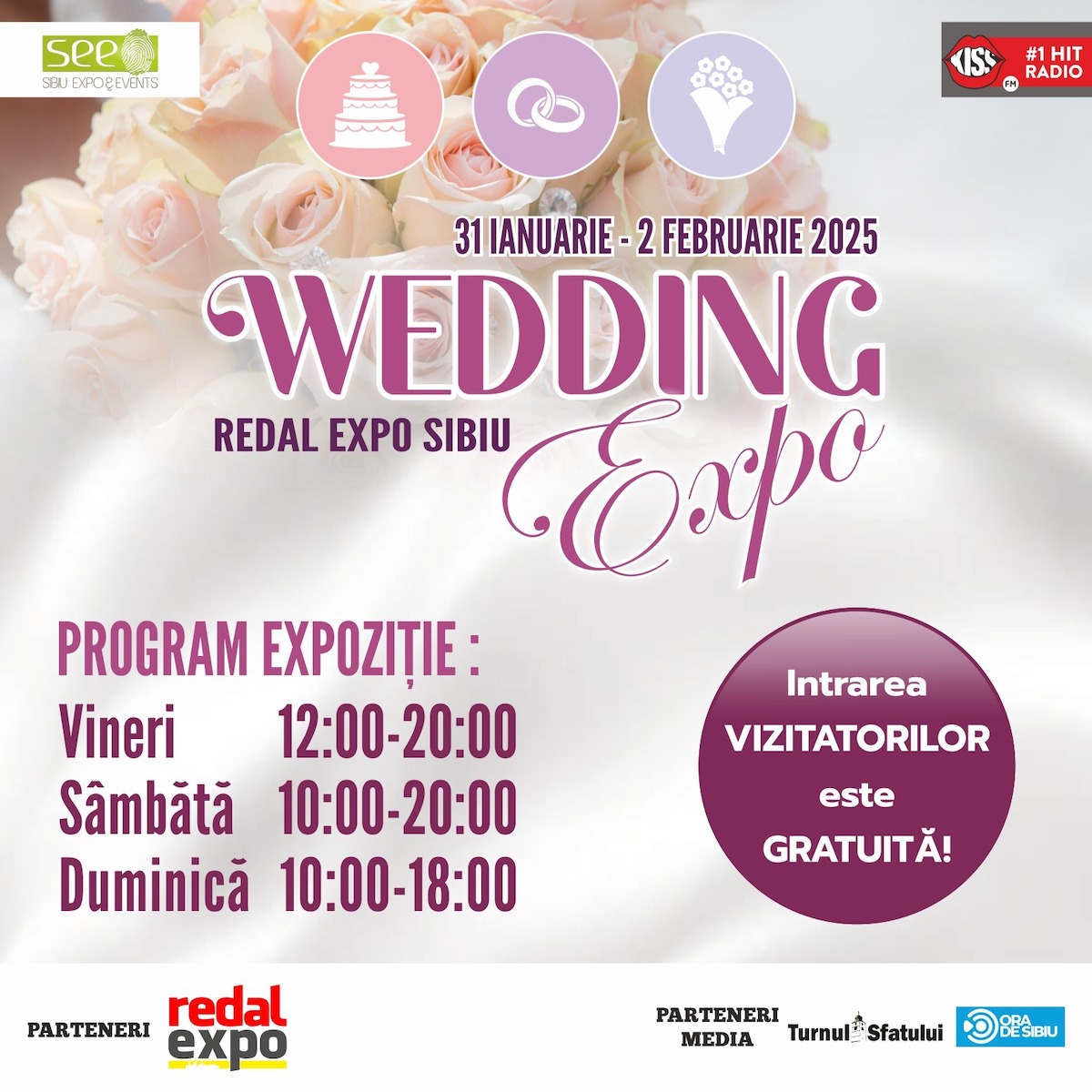 Wedding Expo Sibiu 2025 începe vineri la Redal Expo. Vizitatori vor găsi de la rochii de mireasă și costume pentru miri, până la recomandări pentru locații de vis, servicii foto-video, decorațiuni, cofetării, DJ și trupe live