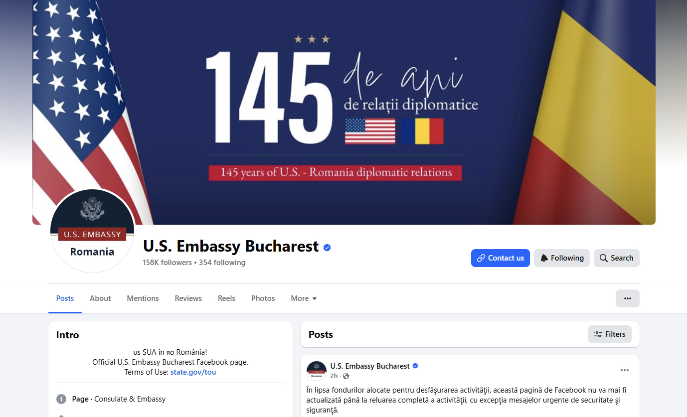 Din „lipsa fondurilor alocate”, Ambasada SUA va transmite pe pagina de Facebook doar mesaje urgente de securitate