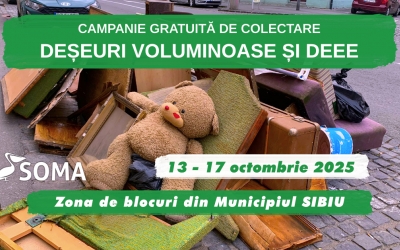 Octombrie 2025: Soma organizează campanie de colectare a deșeurilor voluminoase, inclusiv a celor electrice și electronice, în zonele de blocuri din Sibiu