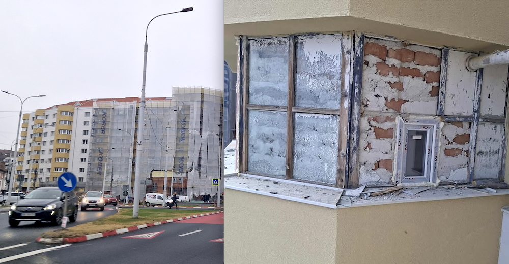 Neînțelegeri în reabilitatea blocului de la intersecția Căii Dumbrăvii cu Mihai Viteazu: Geam betonat la etajul 6, discuții despre bani la negru. Primăria neagă și vine cu explicații