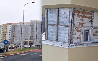 Neînțelegeri în reabilitatea blocului de la intersecția Căii Dumbrăvii cu Mihai Viteazu: Geam betonat la etajul 6, discuții despre bani la negru. Primăria neagă și vine cu explicații