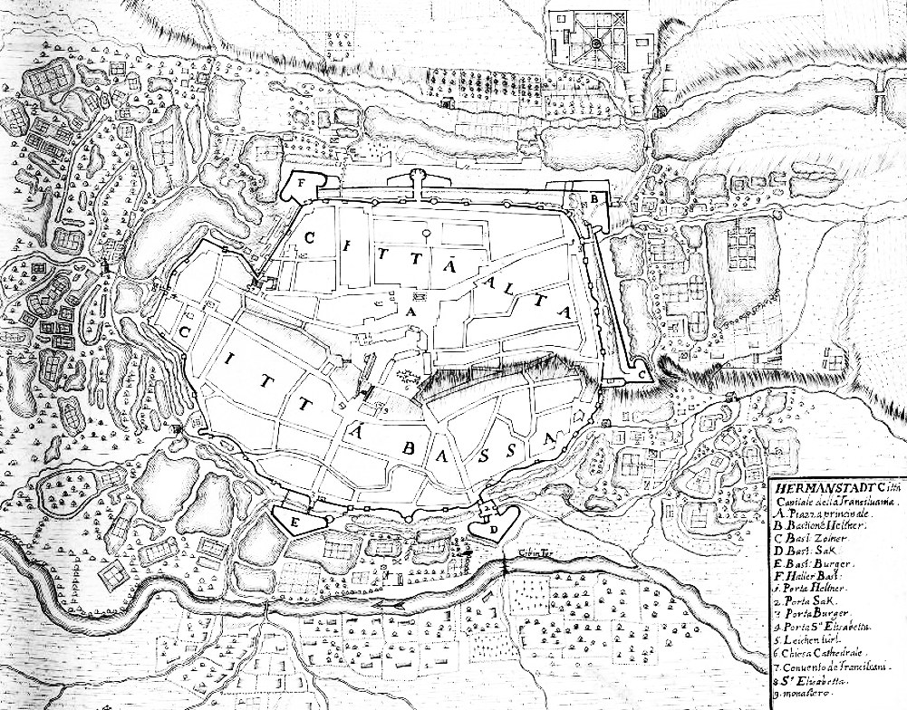 O hartă a Sibiului, din 1699, expusă la Muzeul Național al Unirii din Alba Iulia. Prima plasare a orașului pe o hartă a fost făcută acum 577 de ani și plasa Sibiul lângă Marea Neagră