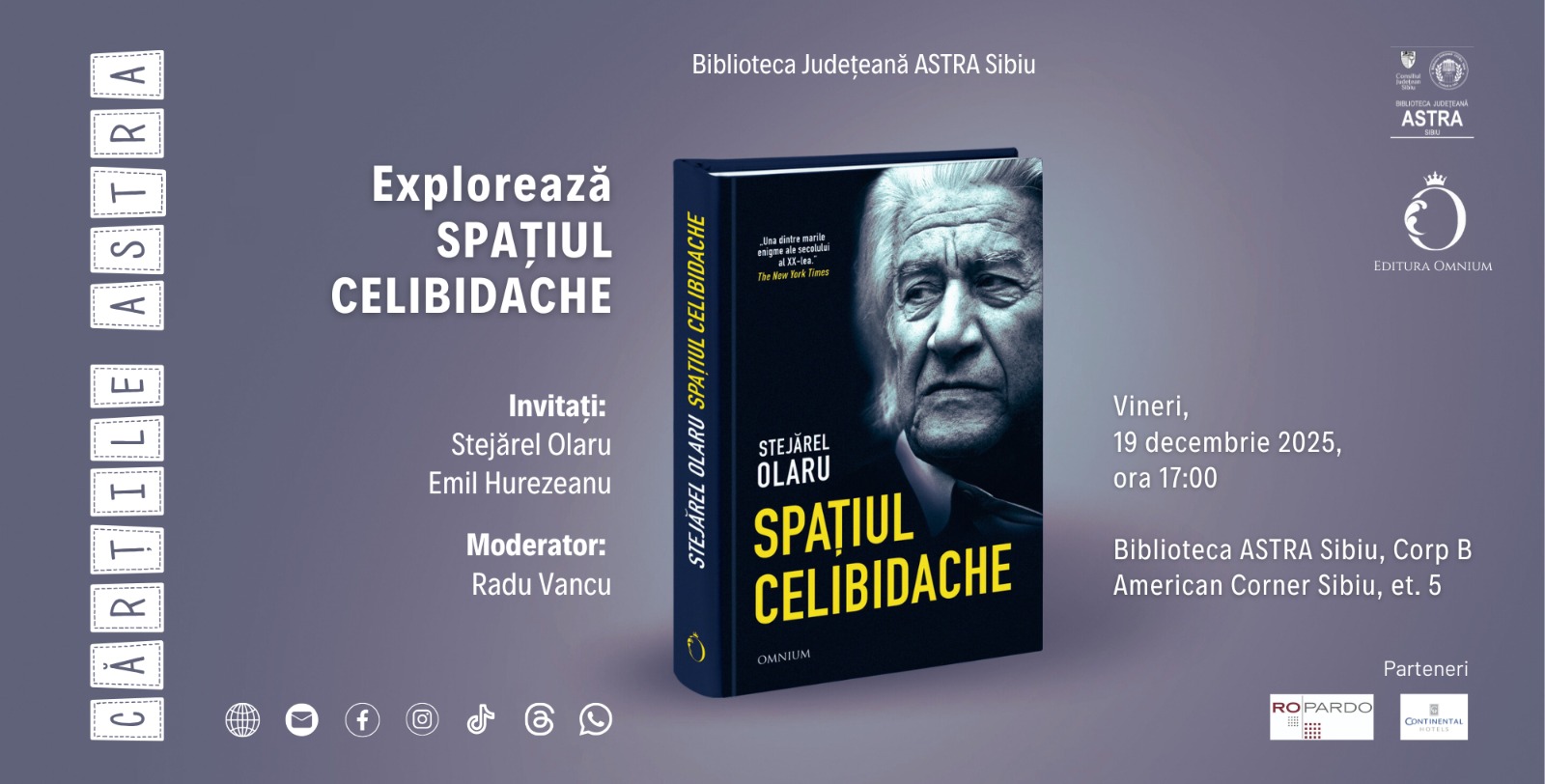 Prezentare de carte la Biblioteca ASTRA Sibiu: „Spațiul Celibidache” de Stejărel Olaru