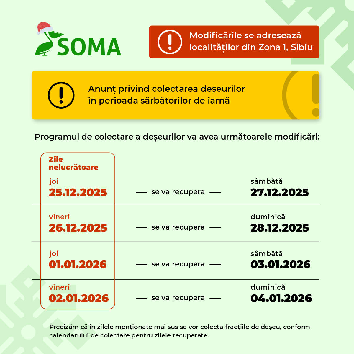 Soma anunță graficul de colectare a deșeurilor de Crăciun și Anul Nou