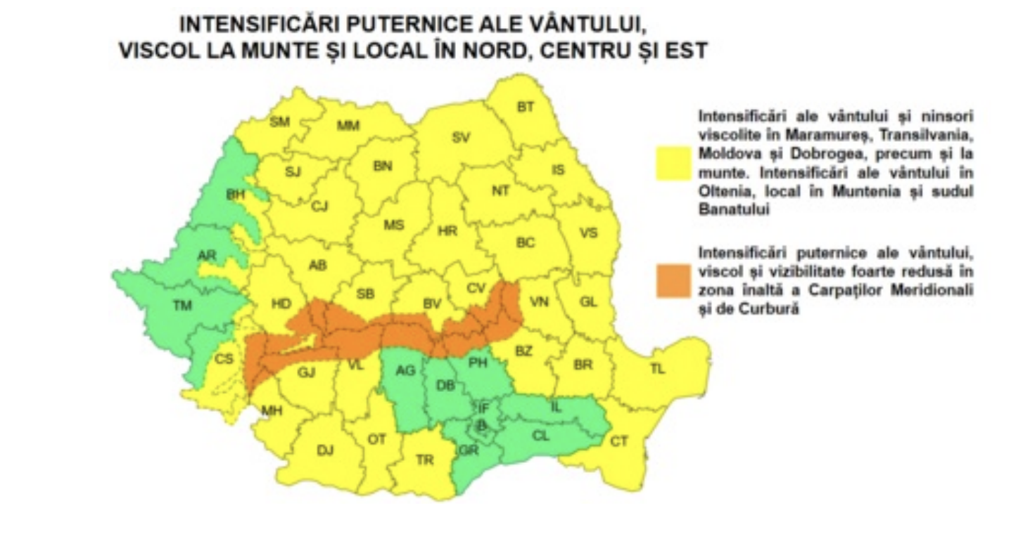 Sibiul sub avertizare meteorologică. Vânt puternic și ninsori în următoarele zile