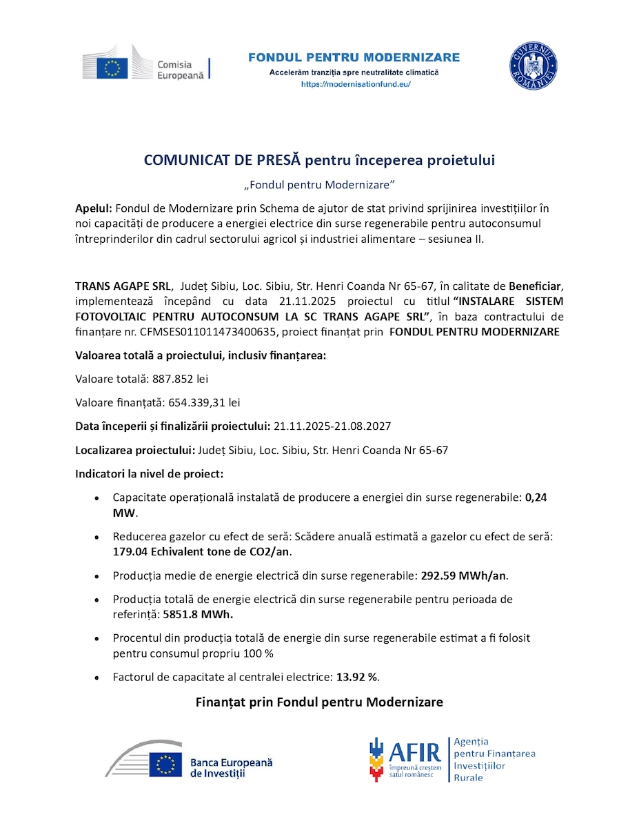 COMUNICAT DE PRESĂ pentru începerea proietului „Fondul pentru Modernizare”