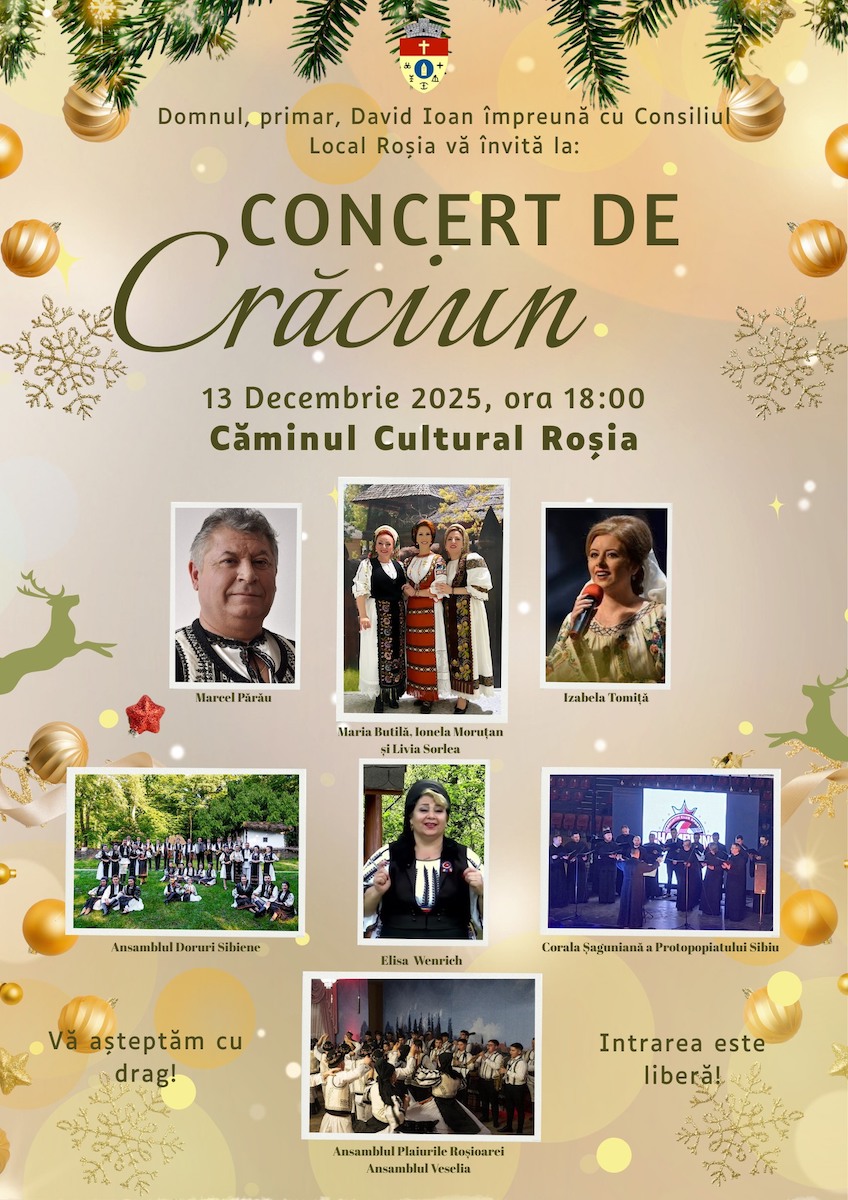 Concert de Crăciun sâmbătă, la Căminul Cultural Roșia