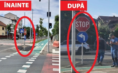 Un stâlp pe pista pentru biciclete: Primăria reacționează și pune Electrica să-l mute. Compania urmează să refacă și asfaltul și să vopsească pista