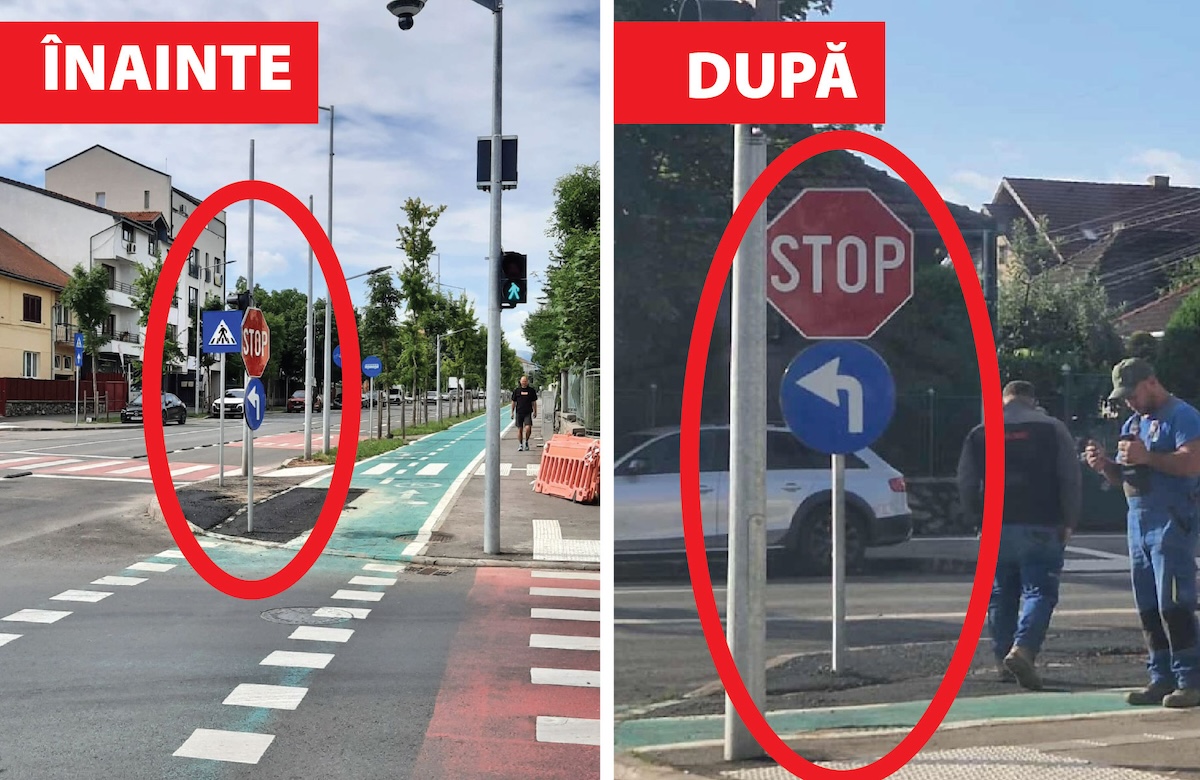 Un stâlp pe pista pentru biciclete: Primăria reacționează și pune Electrica să-l mute. Compania urmează să refacă și asfaltul și să vopsească pista