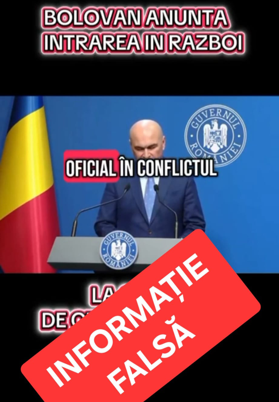 Campanie de dezinformare. Imagini false în care premierul anunță intrarea României în război. MAI: „Vă încurajăm să verificați sursele și să nu distribuiți conținut neverificat”