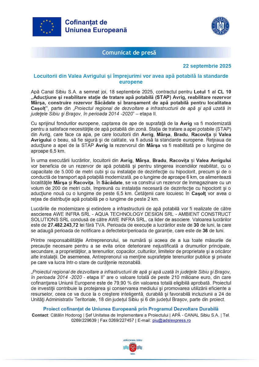Comunicat de presă - Locuitorii din Valea Avrigului şi împrejurimi vor avea apă potabilă la standarde europene