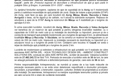 Comunicat de presă - Locuitorii din Valea Avrigului şi împrejurimi vor avea apă potabilă la standarde europene