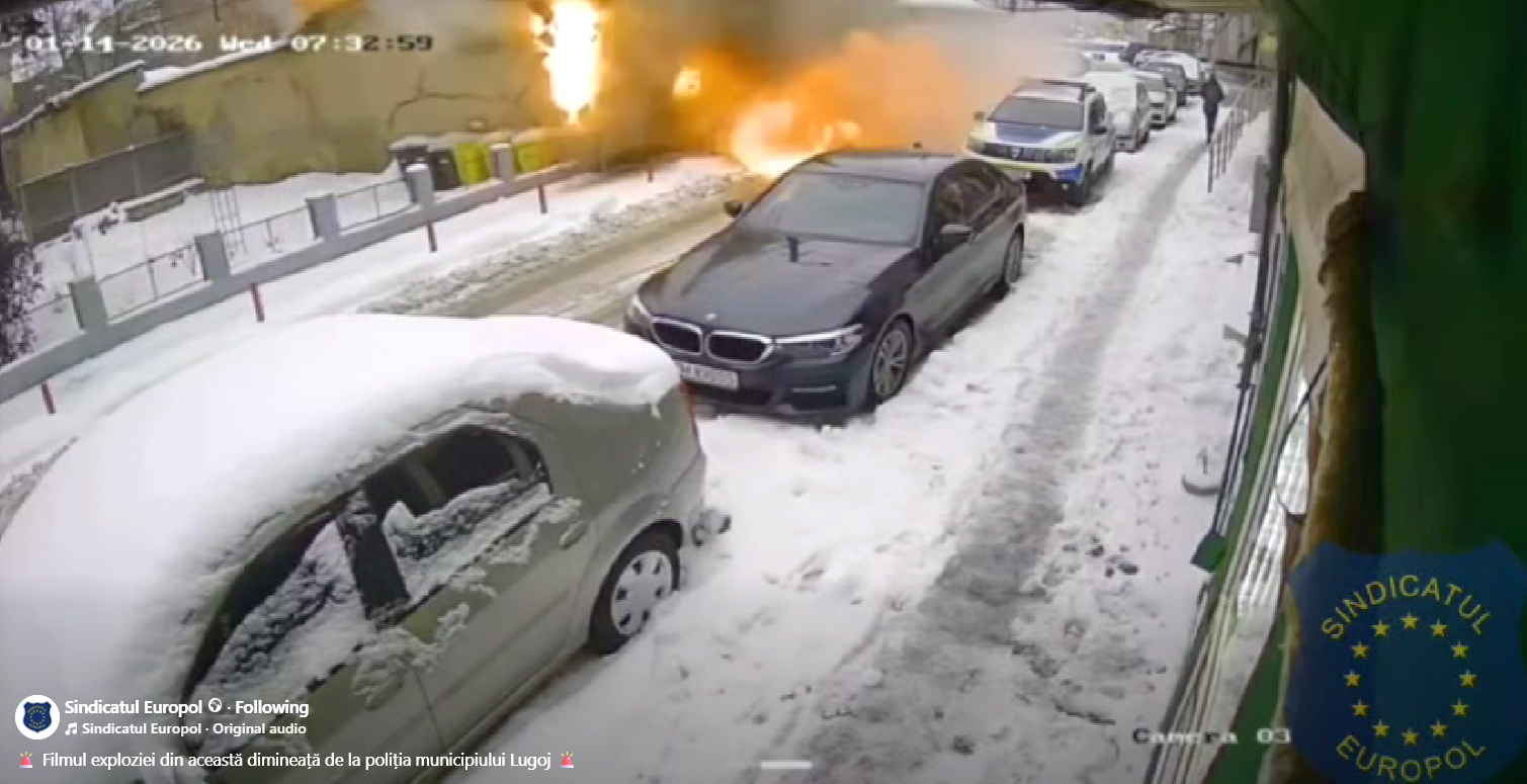 VIDEO. Doi poliţişti au ajuns la spital în urma exploziei din curtea Poliţiei Lugoj.  Sindicatul Europol reclamă că polițiștii sunt obligați să lucreze în condiții improprii