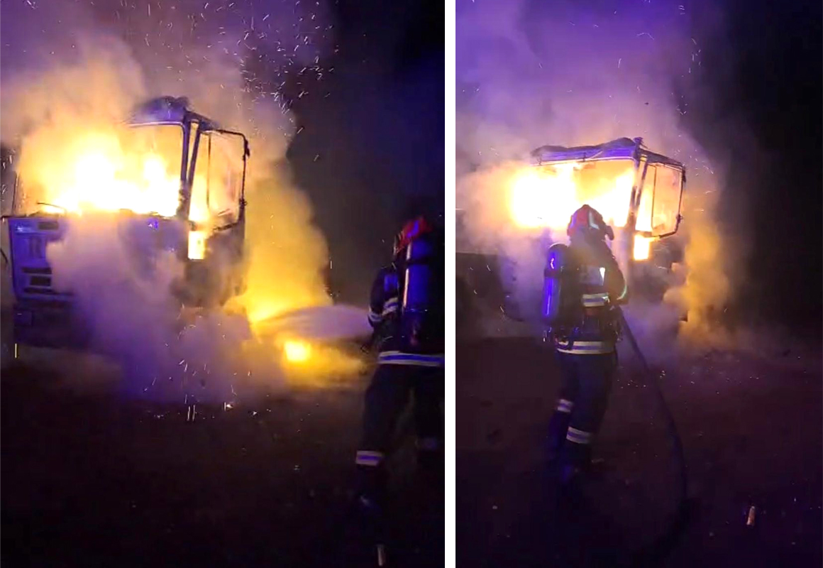 Camion incendiat la Copșa Mică