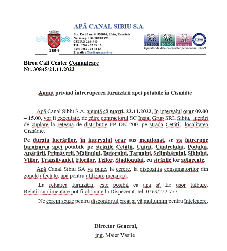 anunt apa canal