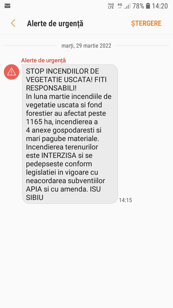 mesaj ro-alert incendii vegetație isu