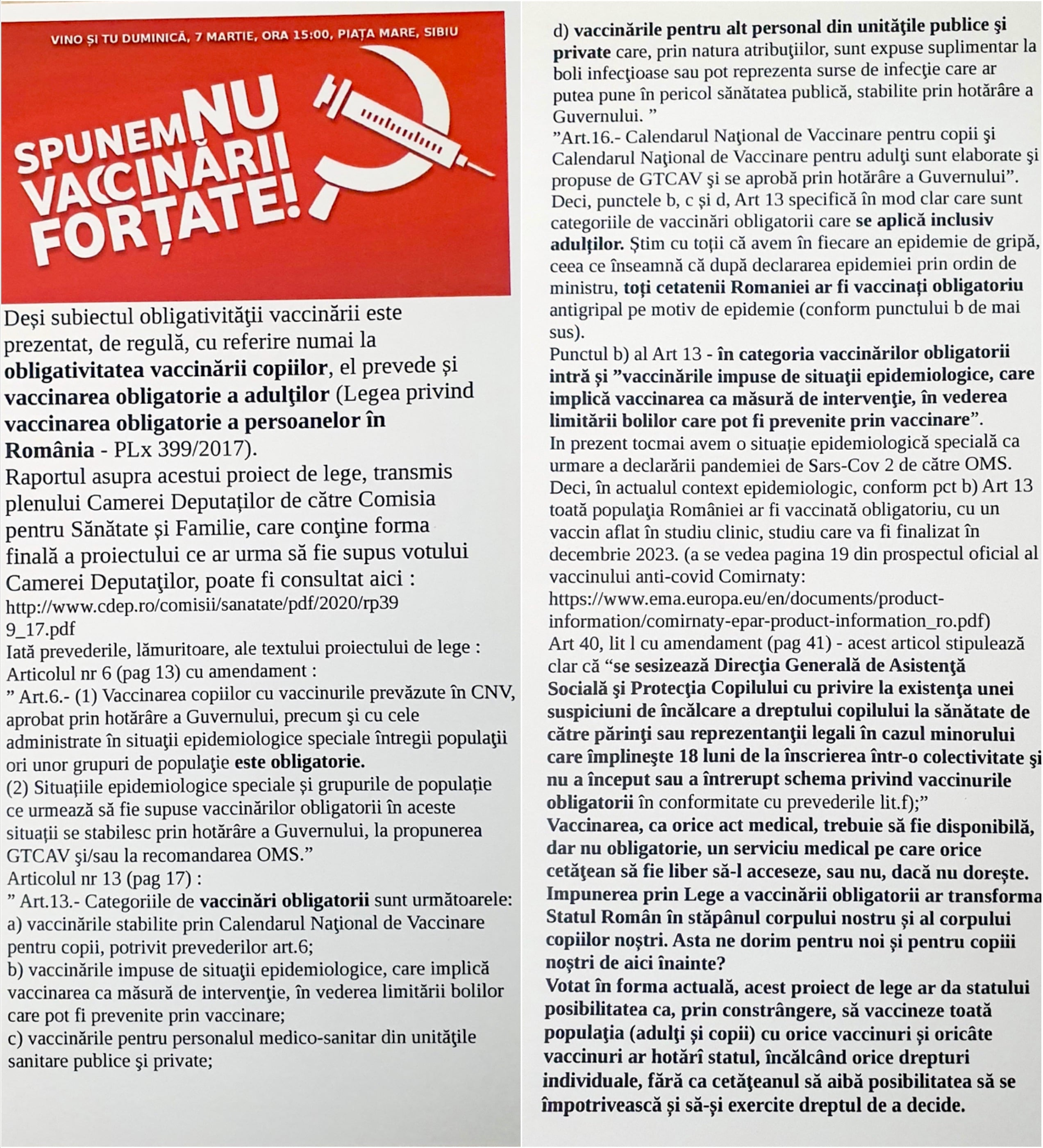 VIDEO 200 de sibieni la protestul împotriva vaccinării forțate. Între cei sătui de Covid-19 și cei care au citit legea