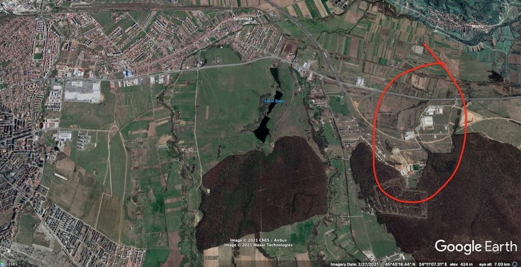 Amplasamentul Parcului Industrial Sibiu. Foto: Google Earth